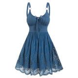 A Line Eyelet Mini Flower Embroidered Sleeveless Lace-up Dresses Skydiver Summer Casual Female Robe