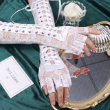 Daiiibabyyy Women Sexy Floral Lace Elbow Length Half-Finger Gloves Black String Ribbon Ties Up Dance Party Fingerless Fishnet Mesh Mittens