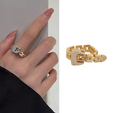 AENSOA 2022 New Design Gold Color Adjustable Metal Rings for Women Men Charm Box Chain Crystal Belt Ring Luxury Unusual Jewelry