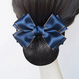 Daiiibabyyy Satin Phnom Penh Bow Hair Net Barrette Bank Staff Flight Attendant Nurse Black Blue Bowknot Hair Clip Net Snood Hair Accessories