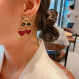 Sweet Cute Crystal Red Heart Cherry Drop Earrings For Women Girls Fashion Temperament Jewelry Charm Dangle Earrings Brincos Gift daiiibabyyy