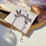 Daiiibabyyy Unique Design Purple Flowers Butterfly Drop Earrings for Women Sweet Fairy Mystery Shiny Crystal Resin Yarn Earring Jewelry