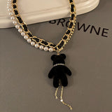 Europe Hip-hop New Design Black Green Plush Bear Pendant Necklace Double Layer Pearl Choker Clavicle Chain Women daiiibabyyy