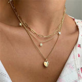 Daiiibabyyy Vintage Fashion Multilevel Gold Plated Punk Thick Chain Five-pointed Star Heart Pendant Necklace For Women Boho Choker Jewelry