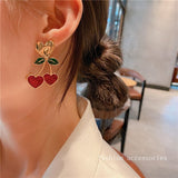 Sweet Cute Crystal Red Heart Cherry Drop Earrings For Women Girls Fashion Temperament Jewelry Charm Dangle Earrings Brincos Gift daiiibabyyy