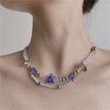 Daiiibabyyy Exquisite design flower butterfly glass bead double layer necklace personality cold style female clavicle chain accessories