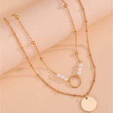 Daiiibabyyy Fashion Boho Multilevel Gold Plated Chain Faux Pearl Round Sequin Pendant Necklace For Women Female Vintage Bead Choker Jewelry