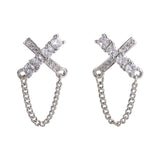 Daiiibabyyy Charm Shiny Cross Chains Stud Earrings for Women Silver Color Zirconia Piercing Ear Accessories Fashion Jewelry Gifts to Girls