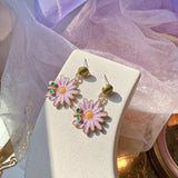 Daiiibabyyy Unique Design Purple Flowers Butterfly Drop Earrings for Women Sweet Fairy Mystery Shiny Crystal Resin Yarn Earring Jewelry