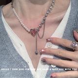Sweet Pink Heart Stitching Pearl Necklace Tassel Cool Girl Exquisite Clavicle Chain Necklace daiiibabyyy