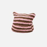 Daiiibabyyy 2023 Striped Beanie with Cat Ear Women Contrast Cute Devil Horns Hat Girls Handmade Crochet Winter Warm Ski Cap Halloween Gift