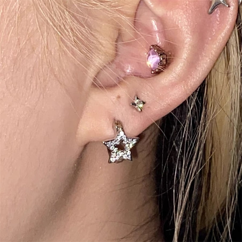 Daiiibabyyy Korean Fashion Crystal Star Hoop Earrings Punk Aesthetic DIY Mini Cute Earrings for Women Y2K Accessory Egirl Jewellery 2000s