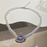 Korean Fashion Purple Heart Crystal Stud Necklace For Women Elegant Planet Rhinestone Pendant Jewelry Gifts daiiibabyyy