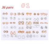 Daiiibabyyy 36 Pair/Set Sweet Earrings Mixed Styles Rhinestone Sun Flower Geometric Animal Plastic Stud Earrings Set for Women Jewelry Gifts