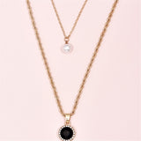 Daiiibabyyy Fashion Artificial Pearl Necklace For Women Female Multilevel Geometric Gold Color Rope Chain Black Crystal Pendant Jewelry