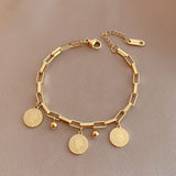 Daiiibabyyy Stainless Steel Layered Golden Pendant Bracelet For Women Retro Punk Gothic Portrait Coin Cross Pearl Bracelet Jewelry