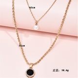 Daiiibabyyy Fashion Artificial Pearl Necklace For Women Female Multilevel Geometric Gold Color Rope Chain Black Crystal Pendant Jewelry