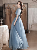 Elegant Bling Blue Evening Dresses Women A-line Sexy V-neck Puff Sleeve Bandage Cocktail Party Prom Gown Vestidos Robe De Soiree