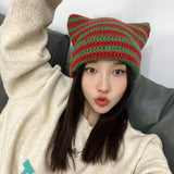 Daiiibabyyy 2023 Striped Beanie with Cat Ear Women Contrast Cute Devil Horns Hat Girls Handmade Crochet Winter Warm Ski Cap Halloween Gift