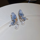 Daiiibabyyy Minar Fairy Blue Color Crystal Butterfly Bling Bling Earring for Women Simulated Pearl Wings Dangle Drop Earrings Party Jewelry