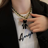 Europe Hip-hop New Design Black Green Plush Bear Pendant Necklace Double Layer Pearl Choker Clavicle Chain Women daiiibabyyy