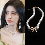 Korean Elegant Pearl Beads Necklace For Women Ladies Fashion Rhinestone Bow Necklace Jewelry Wholesale daiiibabyyy