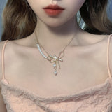 MENGJIQIAO 2022 Korean Fashion Bowknot Rhonestone Double Layer Necklaces For Women Elegant Pearl Pendant Choker Party Jewelry