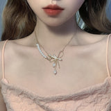 MENGJIQIAO 2022 Korean Fashion Bowknot Rhonestone Double Layer Necklaces For Women Elegant Pearl Pendant Choker Party Jewelry daiiibabyyy
