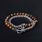 Daiiibabyyy Punk Style Natural Tiger Eye Agate Lava Stone Bead Skull Bracelet Double Layer Stainless Steel Men's Bracelet Grunge Jewelry