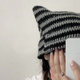 Daiiibabyyy 2023 Striped Beanie with Cat Ear Women Contrast Cute Devil Horns Hat Girls Handmade Crochet Winter Warm Ski Cap Halloween Gift