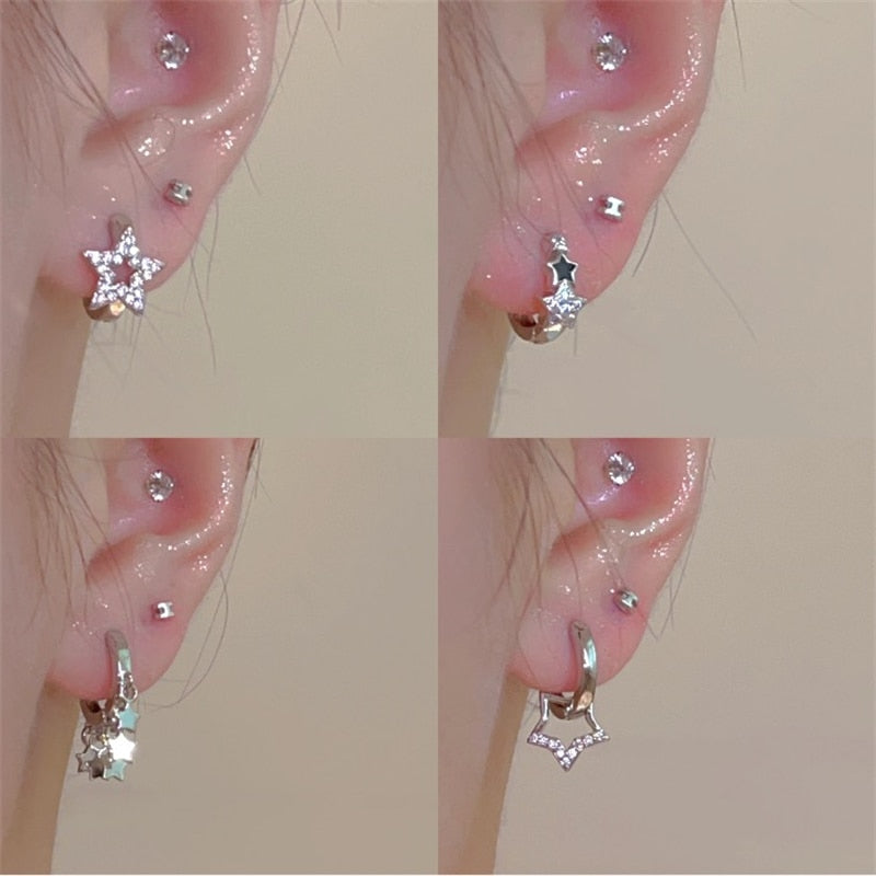 Daiiibabyyy Korean Fashion Crystal Star Hoop Earrings Punk Aesthetic DIY Mini Cute Earrings for Women Y2K Accessory Egirl Jewellery 2000s
