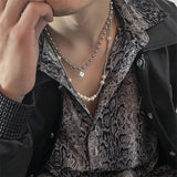 Daiiibabyyy Simple Fashion Metal Beaded Dice Pendant Necklace Hip Hop Punk Men's Stitching Pearl Double Layer Necklace Anniversary Gift