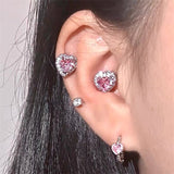 Daiiibabyyy Trend Silver Color Copper Pink Zircon Heart Stud Earrings For Women Temperament Simple Gentle Accessories Gift Aesthetic Jewelry