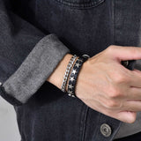 Daiiibabyyy Mens 10.5mm Width Black Leather Bracelets,Vintage Antique Metal Stars Charm Wristband Bangle Male Jewelry