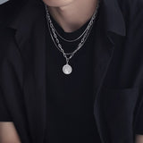 Daiiibabyyy Three-layer Stainless Steel Necklace Men Statement Multi-layer Face Portrait Coin Pendant Necklace Hip hop Streetwear Collar