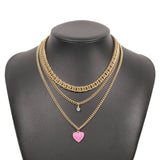 Daiiibabyyy Vintage Gold Color Punk Chain Necklace For Women Female Fashion Multilevel Crystal Beads Oil Drop Red Heart Pendant Jewelry Gift