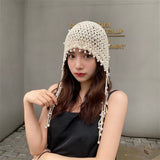 Daiiibabyyy Crochet Knitted hat women fashion hollow knitted tassel princess hat elegant spring cute pearl accessories hats for women 2022