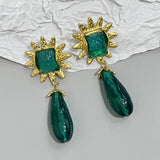 Daiiibabyyy Temperament Vintage Green Water Drop Glass Earring Elegant Metal Pearl Flower Crystal Earrings for Women Wedding Party Jewelry