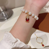 Freshwater Pearl Micro-encrusted Zircon Bracelets Fashion Simple Green Round Fu Word Red Pixiu Pendant Bracelets Women Jewelry