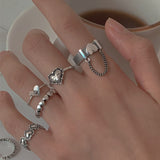 Daiiibabyyy 5Pcs Heart Silver Color Rings For Women Chain Charm Jewelry Set Luxury Female Accessories Lady Gifts Vintage Aesthetic Open