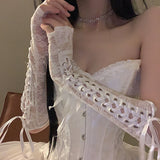Daiiibabyyy Women Sexy Floral Lace Elbow Length Half-Finger Gloves Black String Ribbon Ties Up Dance Party Fingerless Fishnet Mesh Mittens