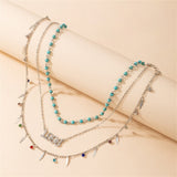 Daiiibabyyy Boho Vintage Fashion Multilevel Gold Color Chain Stone Bead Colorful Crystal 1998 Metal Pendant Necklace For Women Girl Jewelry