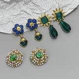 Daiiibabyyy Temperament Vintage Green Water Drop Glass Earring Elegant Metal Pearl Flower Crystal Earrings for Women Wedding Party Jewelry