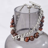 Daiiibabyyy Men's Titanium Tiger's Eye Double Layer Bracelet for Man Simple Stainless Steel Cuban Chain Bracelet Homme Jewelry