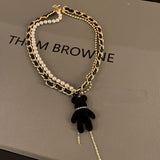 Europe Hip-hop New Design Black Green Plush Bear Pendant Necklace Double Layer Pearl Choker Clavicle Chain Women daiiibabyyy