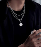Daiiibabyyy Three-layer Stainless Steel Necklace Men Statement Multi-layer Face Portrait Coin Pendant Necklace Hip hop Streetwear Collar
