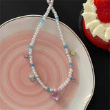 Daiiibabyyy Korean Trendy Pink Crystal Heart Pendant Necklace For Women Girls Elegant Pearl Beads Choker Trending Products Aesthetic Jewelry