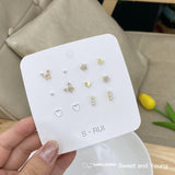 Daiiibabyyy 12PC/SET Cute Sweet White Opal Bow Love Earring Fashion Simple Moon Flower Mini Studs Earrings Sets for Women Jewelry Gifts daiiibabyyy