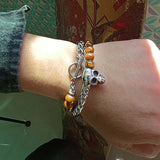 Daiiibabyyy Punk Style Natural Tiger Eye Agate Lava Stone Bead Skull Bracelet Double Layer Stainless Steel Men's Bracelet Grunge Jewelry