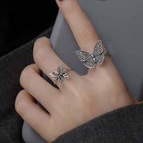 Hiphop Vintage Rings Set for Women Men Aesthatic Retro Punk Silver Plated Heart Flower Butterfly Chain Finger Ring Jewelry